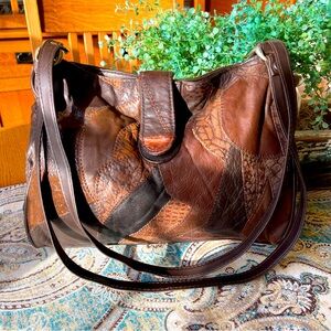 Brown Leather pieced patch shoulder bag purse